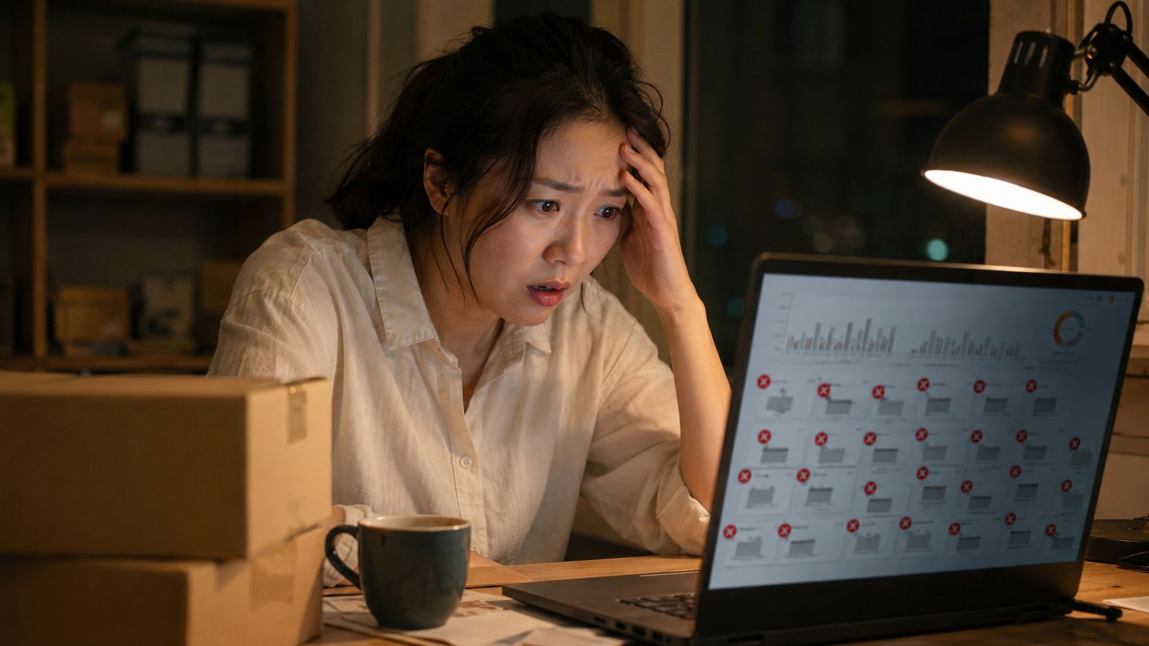 늦은 밤 셀러가 노출 안 되는 상품 차트를 보고 충격받은 모습