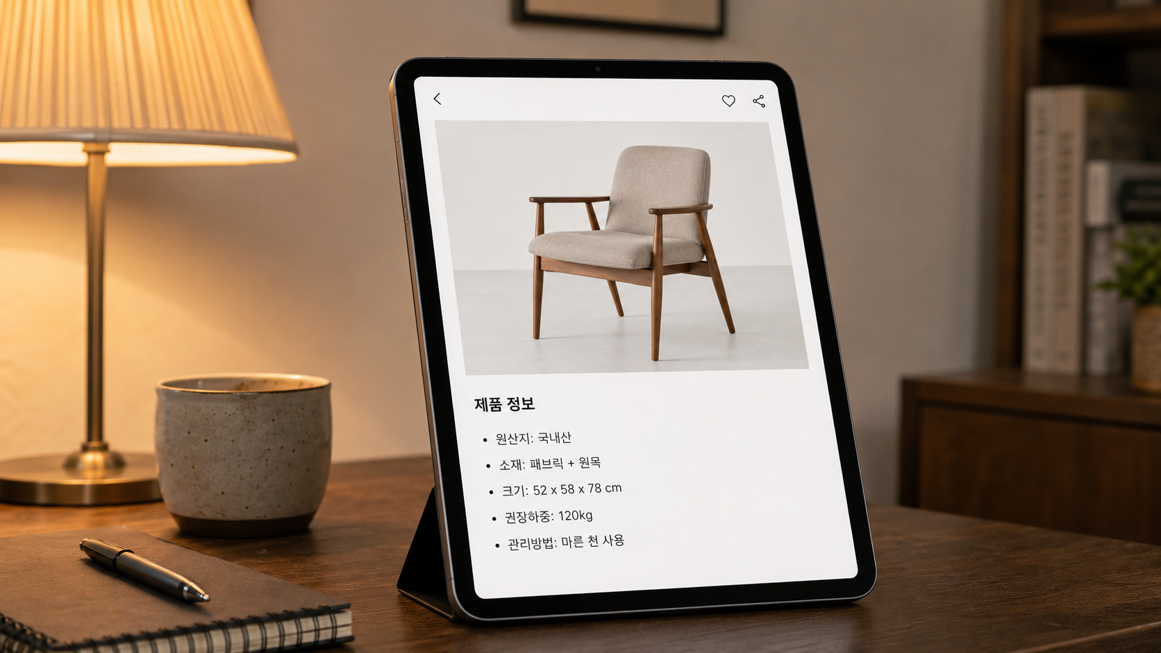 태블릿 화면에 의자 이미지 + 깔끔한 텍스트 스펙 (원산지·소재·크기·권장체중)